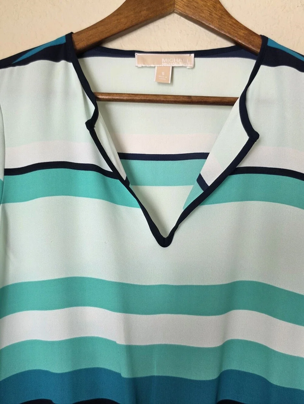 Michael Kors Tunic Top Women Small White Green Stripe Cinch Waist Summer Coastal